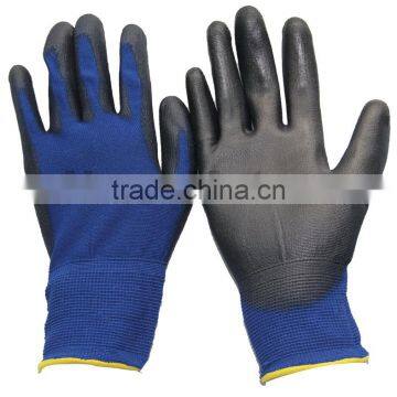 NMSAFETY 18 gauge knitted navy blue polyester liner coated black pu on palm gloves for light industry