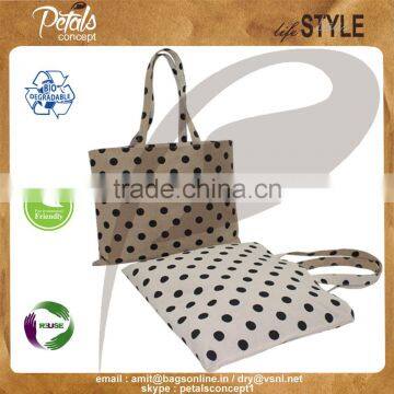 Jute Cotton Polka Dot Print Reversible Tote Bag for Shopping photo-3