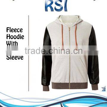 MEN FLEECE HOODIE WITH LEATHER SLEEVE