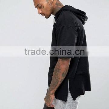 Hot Sale Custom Dropped Shoulders Short Sleeve Side Zip With Hood Black Men's 100% Cotton Casual Oversized Pullover Hoodies