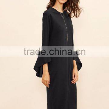 Black Bell Sleeve Split Hem Tee Dress Polyester Spandex Long Sleeve Round Neck Casual Midi Dress photo-3