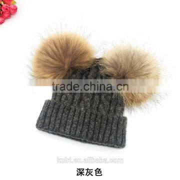 Stylish Kids Double Balls Winter Warm Wholesale Beanie Hats With Raccoon Fur Ball photo-6