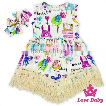 Lovely Summer Children Clothes Cute Cartoon Pattern Tassel Bottom Sleeveless Cotton Baby Girl Dress