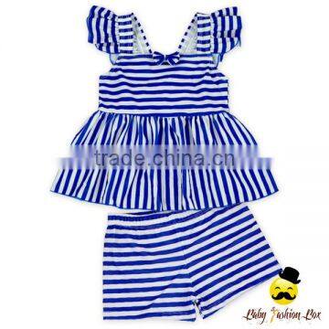 Children Striped Blue Flutter Sleeve Young Girl Separable Top Matching Shorts Kids Beach Clothes Swimwear Set