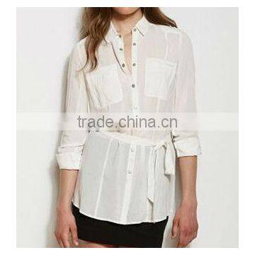 2013 women white sheer chiffon long blouse with belt