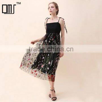 NEWEST WOMEN self-tie strap and floral embroidery black mesh dress