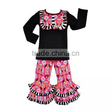 Yawoo new designs bibs black top match ruffle pants 2017 boutique fall clothing kids