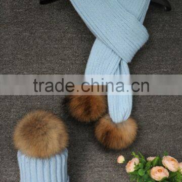 Nice design warm set wholesale women's knit hat and scarf sets with real fur balls