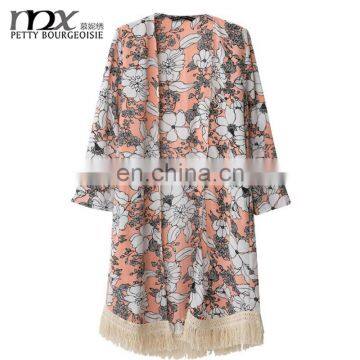 2015 Women Spring Jacket New Women Casual Thin Long Tassels Coat Flower Jacket Women Long Jacket