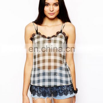 Lace Trim Cami Top in Gingham Print/womens top plus sizes/clothing desgin for women wholesale model-cp387