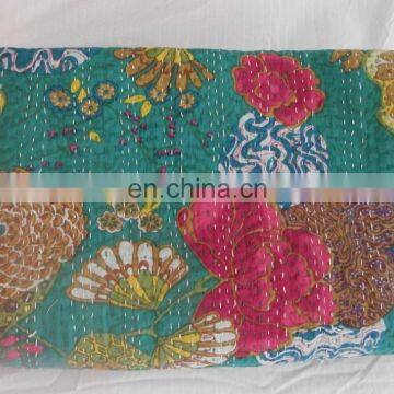 Handmade Indian Cotton Bedspread Ethnic Floral Print Designer Queen Size Bedspreads, Kantha Thread Work Bedsheet