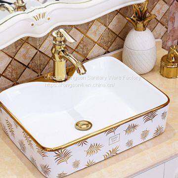 China Ceramic Bathroom Sanitary Ware rectangle single hole golden art luxury table top wash art basin