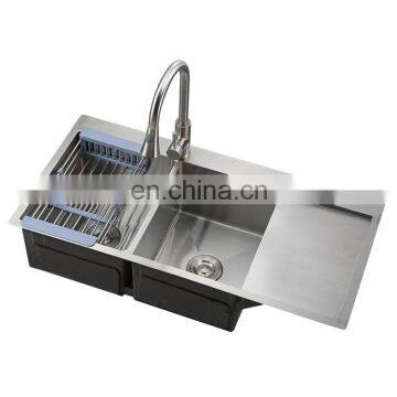 10045 handmade stainless steel kitchen double bowl sink with faucet