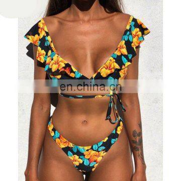 Hot Sale Off The Shoulder Print Ruffled Bikini Mujer 2019 New Sexy Swimwear Women Swimsuit Brazilian Bikini Set Thong Biquinis