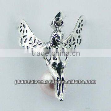 925 Silver Pendant Dainty Fairy on Austrian Crystal Pearl