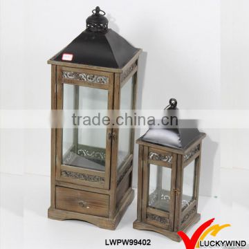 S/2 Wood Candle Antique Brown Lanterns with Drawer