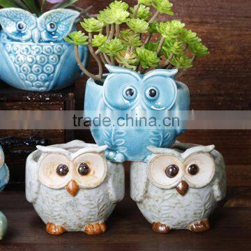 Home garden decor ceramic owl animal flower pot for desk decor