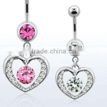 Surgical steel belly banana, 14g (1.6mm) with dangling heart with dangling round CZ stone - length 3/8" (10mm)