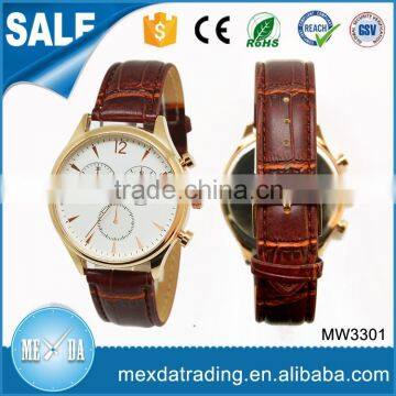 Gold plated alloy case classic men leather band business watch