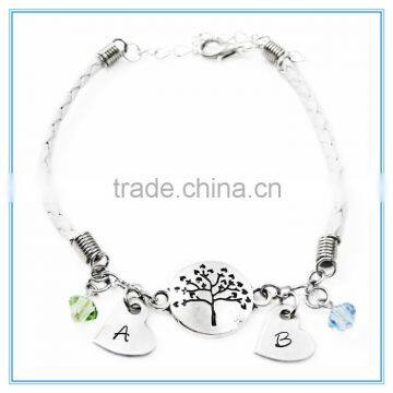 Tree of Life, Birthstones & Initials Bracelet Leather & Stainless Steel