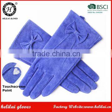 Helilai Hot Selling Women Blue Smart Phone Ladies Winter Fleece Lined Driving Suede Leather Gloves