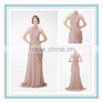 Latest Halter Grecian Draped Natural Waist Bridesmaid Gown Sleeveless Floor Length Chiffon Bridesmaid Dress 2015(RHM-2105)