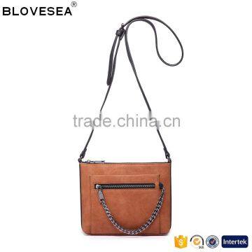 Laconic casual style front pocket with chain zip puller women brown leather crossbody bag