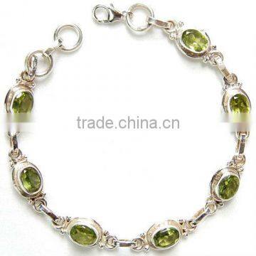 .925 Sterling Silver Green Peridot Semi Precious Stone Bracelet