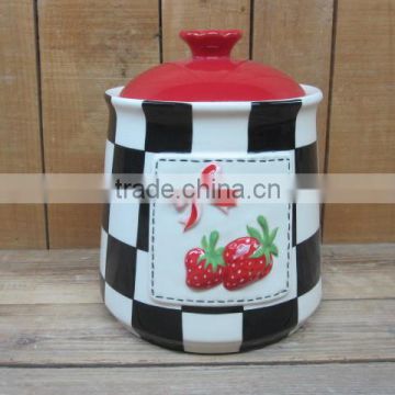 New strawberry emboss ceramic cookie jar with red lid