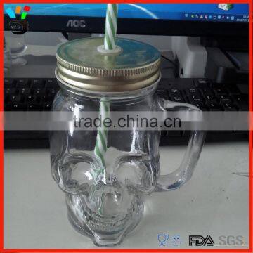 Creative Shaped Unique Design 16oz Storage Container Handle Glass Skull Mason Jar With Lid & Straw