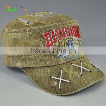100% Cotton Fashion Flat Top Army Hat Distress Washed Fitted Military Cap photo-3