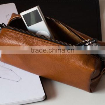 Boshiho cowhide leather pen pencil case holder win zipper outside