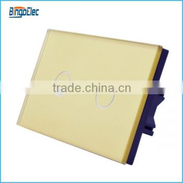 240V Golden color toughed glass 2gang touch sensitive switch