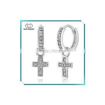 High Quality Sterling Silver Hanging CZ Cross Huggie Earrings