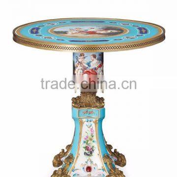 Imitate Figurine Porcelain Center Table With Brass Mounted Edge, Hand Painting European Small Round Table Inlaid Ceramic Desktop