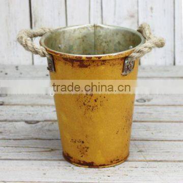 Shabby chic metal vase bucket with linen handle