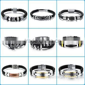 Men Genuine Leather Bracelet Leather & Stainless Steel Bangle Bracelet