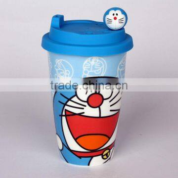 lovely doraemon porcelain drinking mug with silicon lid