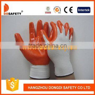 DDSAFETY 2016 Hot Sale Orange Nitrile Gloves With White Nylon Liner