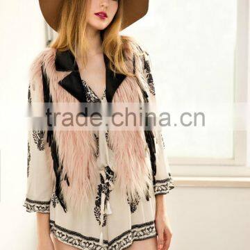 2016 new European style leather splicing faux fur vest woman dress