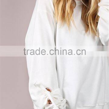 MGOO Plain White Women Sweatshirt Long Sleeve Blank Eyelet Ribbon Tie Pullover Ivory photo-5