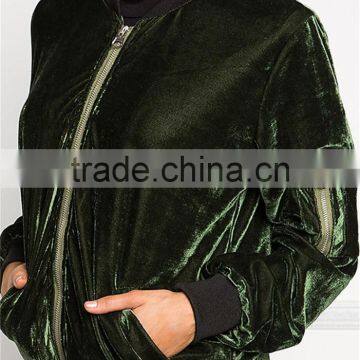 MGOO Custom Cheap Price Women Green Velvet Bomber Jackets Long Sleeves Zip Up Plain Fashion Winter Coat photo-4