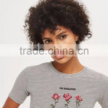 MGOO Factory Supplied Women Flora Embroidered T Shirt 100% Cotton Black And White Stripe T-shirt photo-2