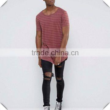 Custom men stripe Basic design Long Drop Tail T-Shirt ,enlongated fitness t shirts high quality best price