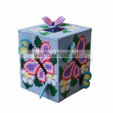 Plastic & Cotton Multicolor Butterfly Flower Pattern Cross Stitch Tissue Box