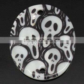 New Design Shell Connectors Oval Black & White Skull Pattern Printed Halloween Ornaments 3x2.5cm,20PCs