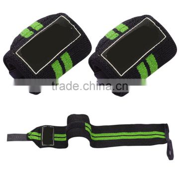 Weight Lifting Wrist Wraps in Black color with two Green Stripe