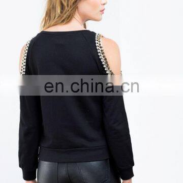 China Fashion Crewneck Sweatshirt Custom Cold Shoulder Long Sleeve Crewneck Sweatshirt With Chain photo-3