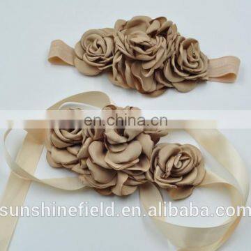 Layered Flower Sash Belt Matching Baby Headband 3Colors