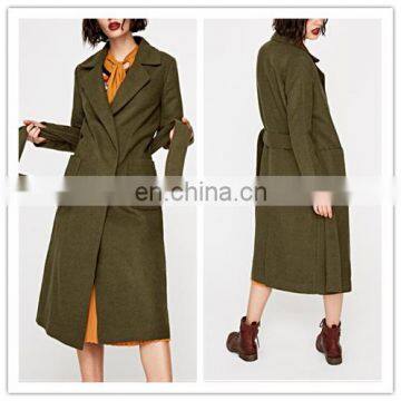 Best Womens Winter Coat Dark Green Wollen Outwear With Belt Tie For Ladies